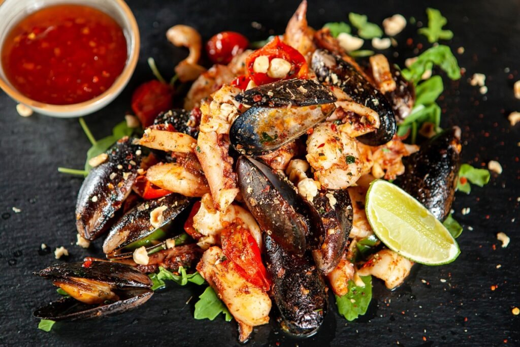 Delicious Seafood With Spicy Sos Mediterranean Fine Cuisine 1 1024x683