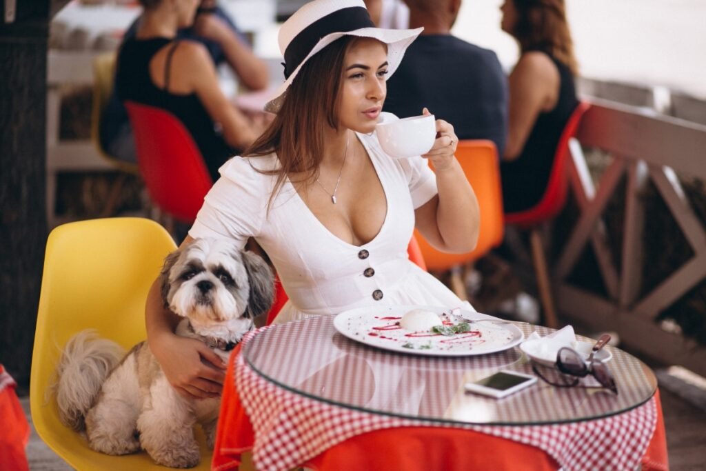 Young Lady Bar With Cute Dog Having Lunch 1 1024x683